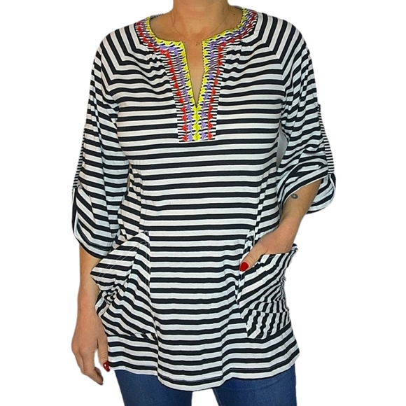 Nanette Lepore Tops - Nanette Lepore Boho Embroidered Tunic Blouse Quarter Sleeve Black White …